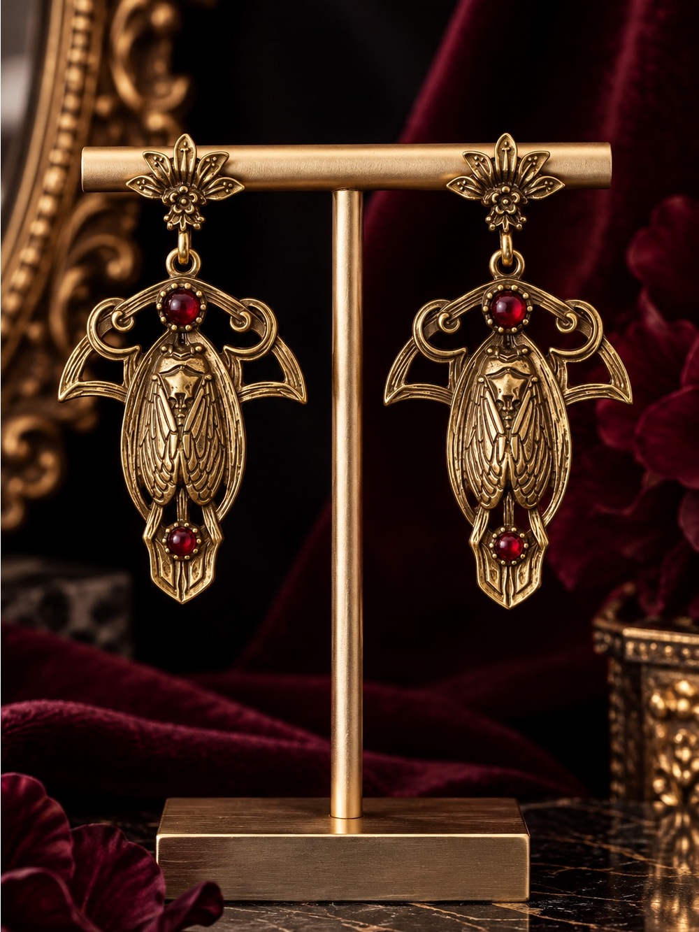 Vintage Gold-Tone Drop Earrings with Red Cabochons